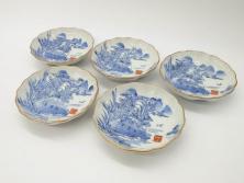 江戸後期～幕末　伊万里　染付　山水図　約11cm　3.6寸　繊細な絵付けが食卓のアクセントになる小皿5枚セット(和皿、深皿、和食器、三寸六分)(R-072480)
