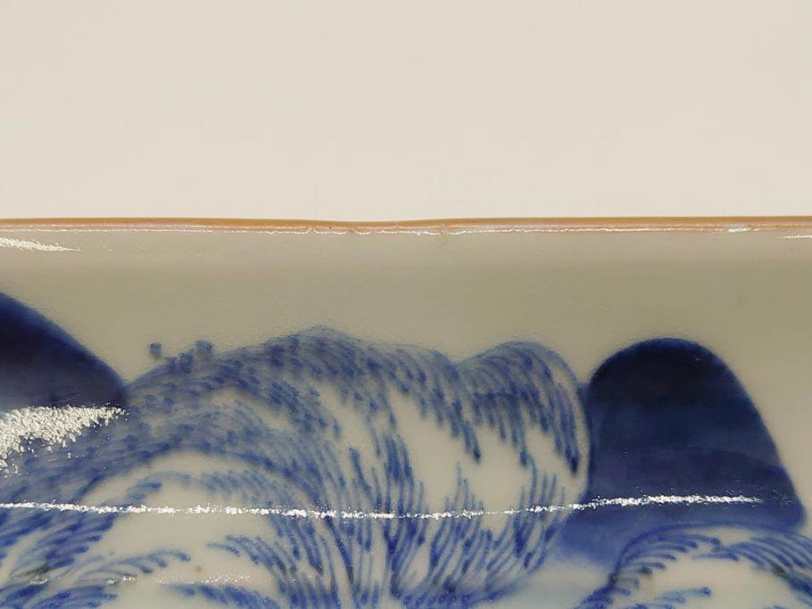 江戸後期〜幕末　伊万里　染付　約21cm　6.7寸　大胆に描かれた山水図に魅了される長皿3枚セット(角皿、和皿、和食器、六寸七分)(R-072481)
