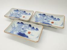 アンティーク雑貨　骨董　明治期　色絵花籠図染付楕円大皿(和食器)(R-042070)