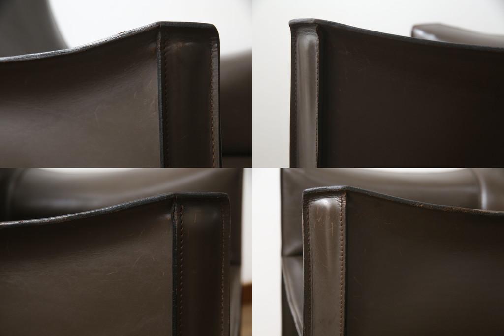 中古　Cassina(カッシーナ)　413　CAB(キャブ)　MARIO BELLINI(マリオベリーニ)　本革(レザー)　シンプルモダンな空間づくりに活躍するアームチェア2脚セット(ダイニングチェア、椅子、イス)(定価2脚で約83万6千円)(R-074315)