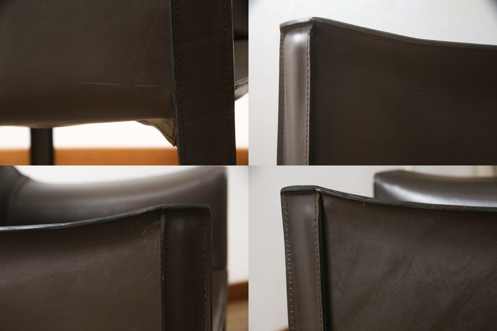 中古　Cassina(カッシーナ)　413　CAB(キャブ)　MARIO BELLINI(マリオベリーニ)　本革(レザー)　シンプルモダンな空間づくりに活躍するアームチェア2脚セット(ダイニングチェア、椅子、イス)(定価2脚で約83万6千円)(R-074316)