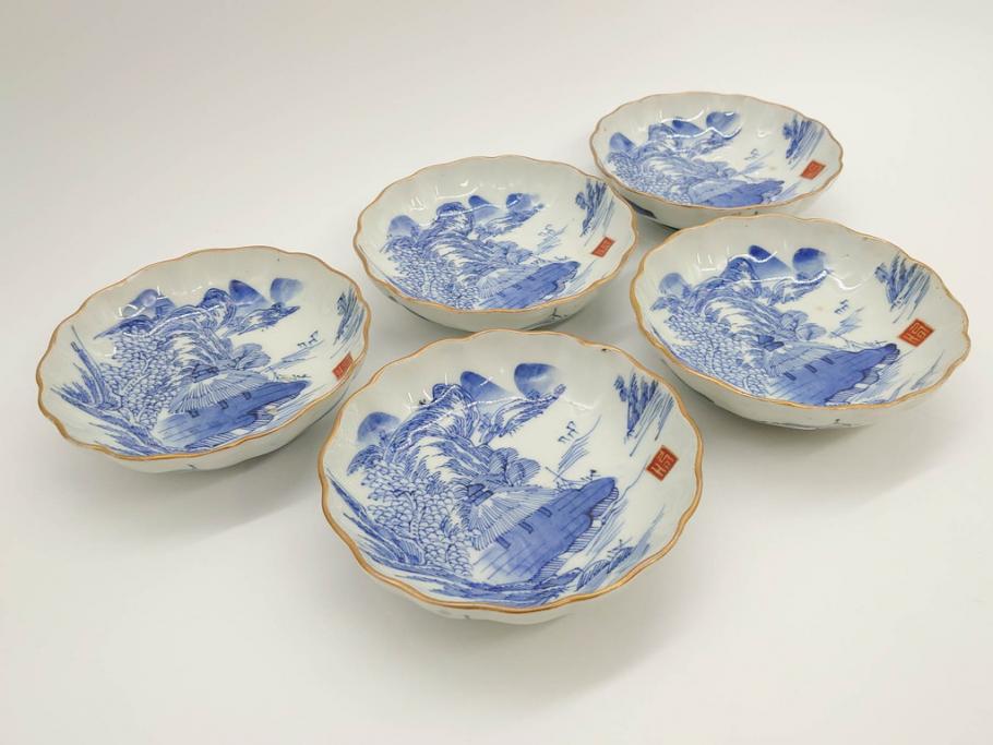 江戸後期〜幕末　伊万里　染付　山水図　約14cm　4.4寸　細やかな意匠が施された上品な雰囲気を高めるなます皿5枚セット(深皿、和皿、和食器、四寸四分)(R-072487)