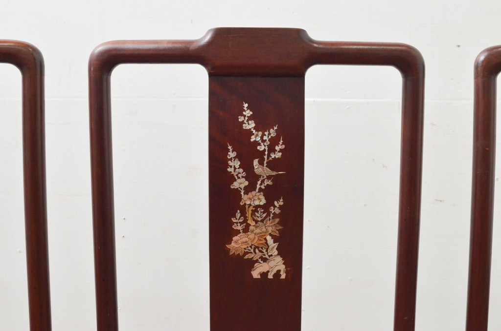 和製ビンテージ　高級品!!　花梨(カリン)材　象嵌入り　華やかな螺鈿(ラデン)細工が美しいダイニングチェア4脚セット(板座チェア、椅子、イス、ヴィンテージ)(R-077728)