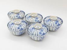 江戸期　大明成化年製　染付　四君子文　漢詩　約12cm　3.9寸　和の趣を感じる蓋付き茶碗5客セット(梅、菊、蘭、竹、川本半助?、蓋茶碗、器、どんぶり、陶器、和食器、3寸9分)(R-078763)