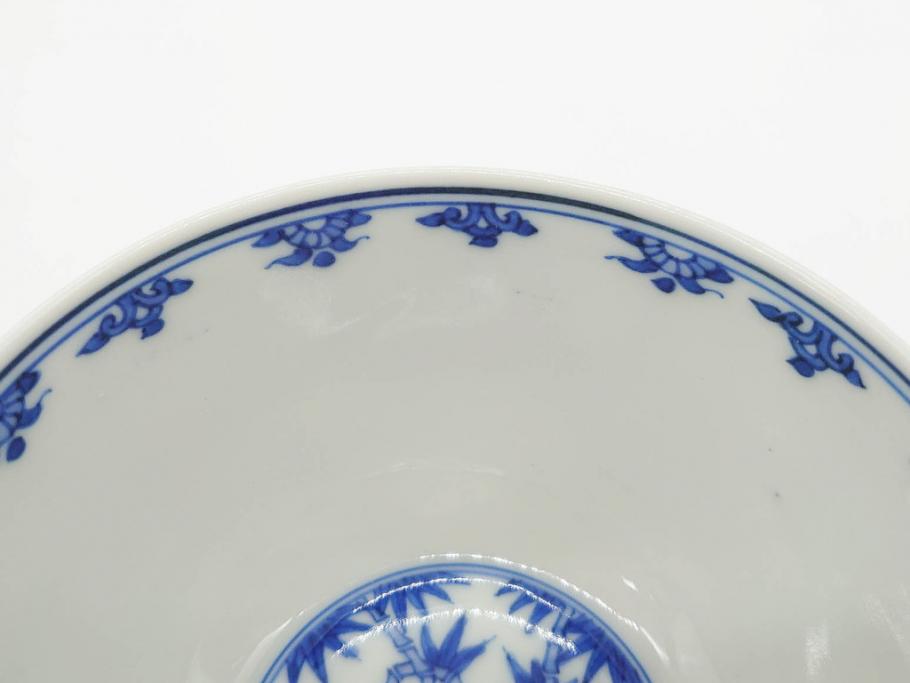 江戸期　大明成化年製　染付　四君子文　漢詩　約12cm　3.9寸　和の趣を感じる蓋付き茶碗5客セット(梅、菊、蘭、竹、川本半助?、蓋茶碗、器、どんぶり、陶器、和食器、3寸9分)(R-078763)