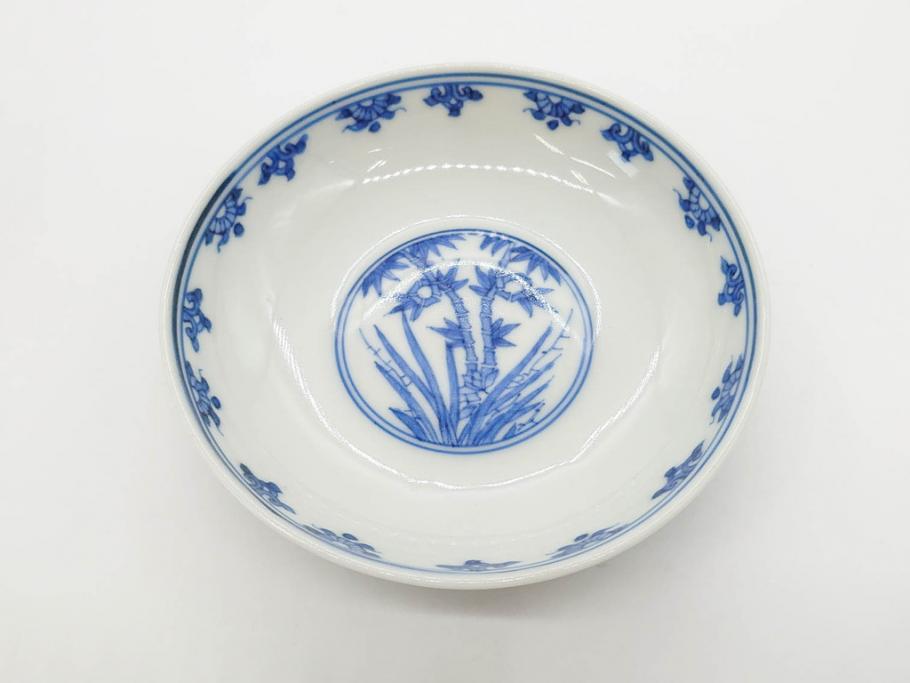 江戸期　大明成化年製　染付　四君子文　漢詩　約12cm　3.9寸　和の趣を感じる蓋付き茶碗5客セット(梅、菊、蘭、竹、川本半助?、蓋茶碗、器、どんぶり、陶器、和食器、3寸9分)(R-078763)