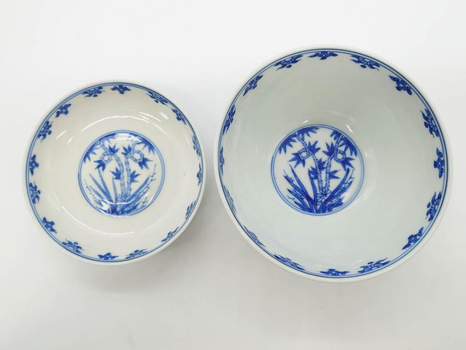 江戸期　大明成化年製　染付　四君子文　漢詩　約12cm　3.9寸　和の趣を感じる蓋付き茶碗5客セット(梅、菊、蘭、竹、川本半助?、蓋茶碗、器、どんぶり、陶器、和食器、3寸9分)(R-078763)