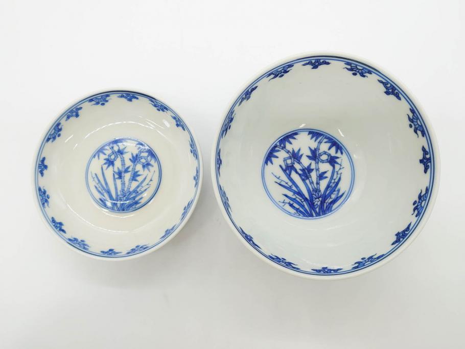 江戸期　大明成化年製　染付　四君子文　漢詩　約12cm　3.9寸　和の趣を感じる蓋付き茶碗5客セット(梅、菊、蘭、竹、川本半助?、蓋茶碗、器、どんぶり、陶器、和食器、3寸9分)(R-078763)
