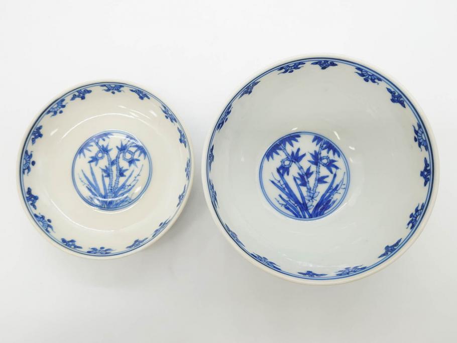 江戸期　大明成化年製　染付　四君子文　漢詩　約12cm　3.9寸　和の趣を感じる蓋付き茶碗5客セット(梅、菊、蘭、竹、川本半助?、蓋茶碗、器、どんぶり、陶器、和食器、3寸9分)(R-078763)