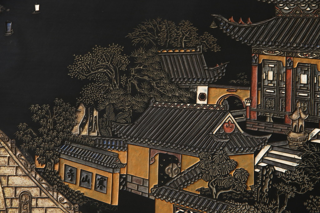 アジアンビンテージ　中国古美術　楓橋夜泊　寒山寺彫刻　清代書家彫刻　繊細な意匠が見事な衝立て(衝い立て、つい立て、間仕切り、パーテーション、ヴィンテージ)(R-072639)