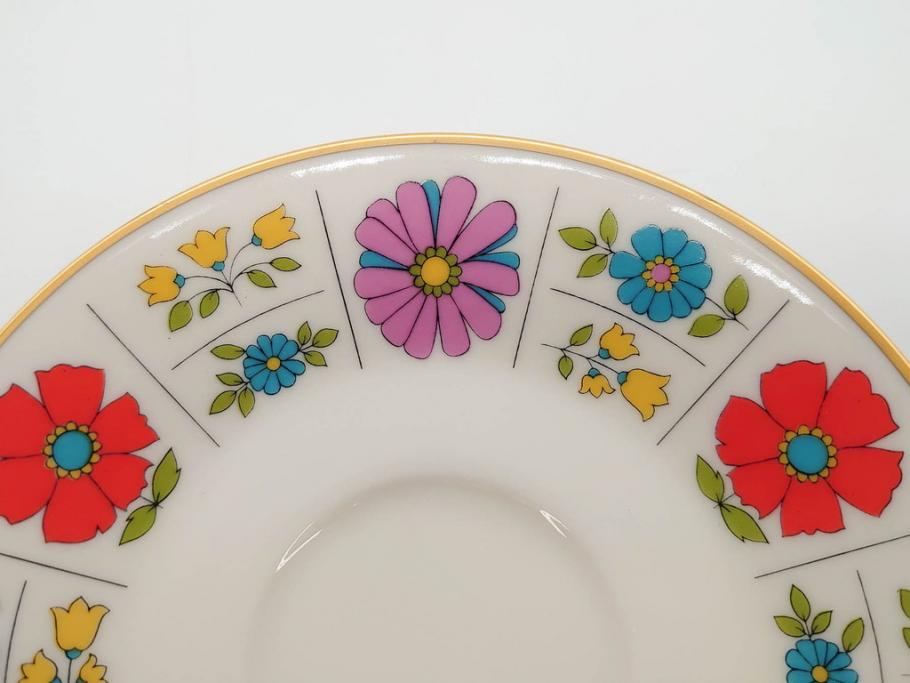 ノリタケ　NORITAKE　アイボリーチャイナ　ポップでレトロな花柄が可愛いカップ&ソーサー6客(フラワー、IVORY China、C&S、碗皿、磁器、洋食器、箱付き)(R-078767)