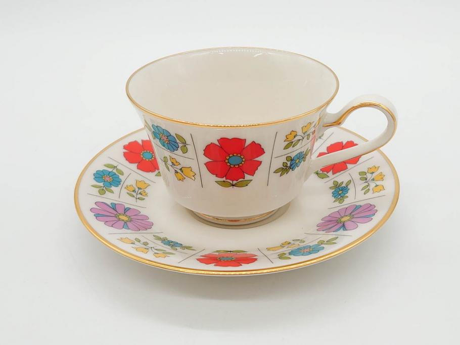 ノリタケ　NORITAKE　アイボリーチャイナ　ポップでレトロな花柄が可愛いカップ&ソーサー6客(フラワー、IVORY China、C&S、碗皿、磁器、洋食器、箱付き)(R-078767)