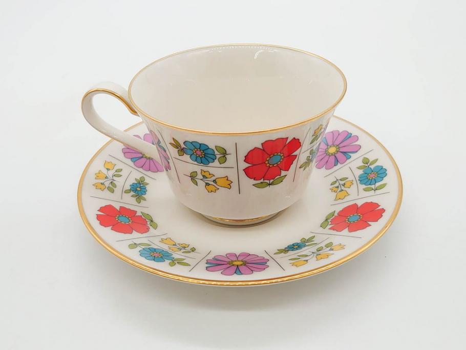 ノリタケ　NORITAKE　アイボリーチャイナ　ポップでレトロな花柄が可愛いカップ&ソーサー6客(フラワー、IVORY China、C&S、碗皿、磁器、洋食器、箱付き)(R-078767)