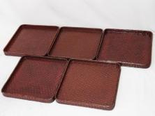 藍胎漆器　木製　竹細工　細やかな網代模様が高級感を感じさせる四方盆5枚セット(らんたい漆器、お盆、四角、角盆、お膳、銘々盆、竹編、竹籠、竹細工、袋付き)(R-078768)　