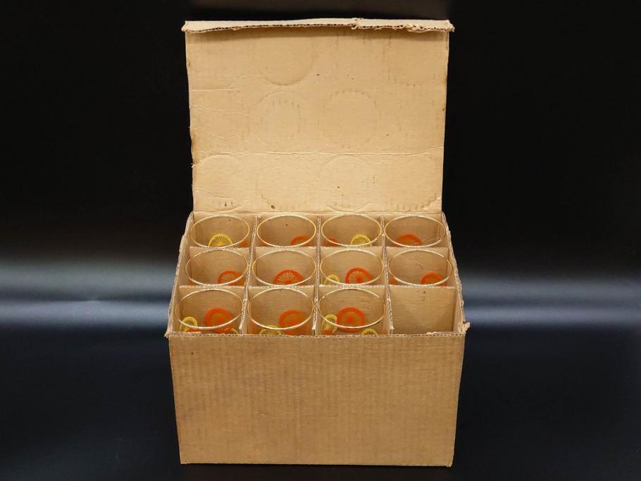 昭和レトロ　レモン　オレンジ　食卓に彩を与えるグラス11点セット(タンブラー、コップ、ガラス、硝子、二色、果物、箱付き、金彩)(R-078827)