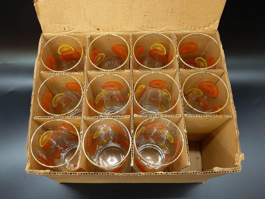 昭和レトロ　レモン　オレンジ　食卓に彩を与えるグラス11点セット(タンブラー、コップ、ガラス、硝子、二色、果物、箱付き、金彩)(R-078827)