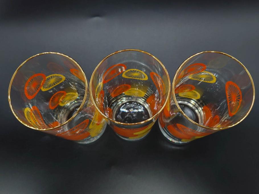 昭和レトロ　レモン　オレンジ　食卓に彩を与えるグラス11点セット(タンブラー、コップ、ガラス、硝子、二色、果物、箱付き、金彩)(R-078827)