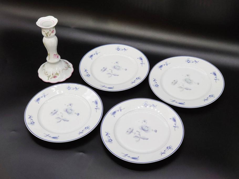 ビンテージ　フランス　LIMOGES(リモージュ)　GIRAUD(ジロー)　花柄がエレガントなプレート4枚&キャンドルスタンドセット(ヴィンテージ、フラワー、燭台、ろうそく立て、火立て、キャンドルスティック、蝋燭立て、皿、中皿、磁器、洋食器)(R-078839)