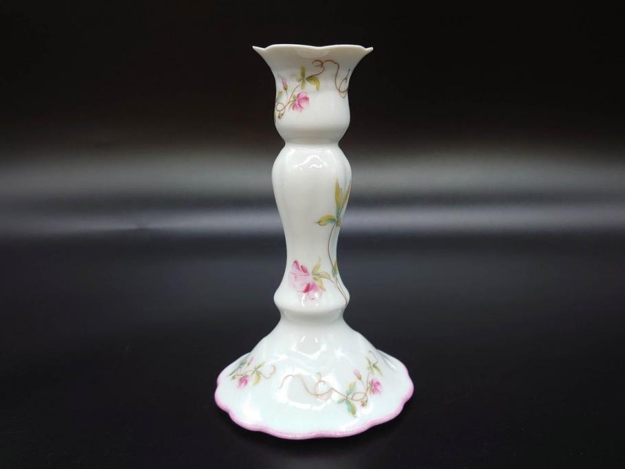 ビンテージ　フランス　LIMOGES(リモージュ)　GIRAUD(ジロー)　花柄がエレガントなプレート4枚&キャンドルスタンドセット(ヴィンテージ、フラワー、燭台、ろうそく立て、火立て、キャンドルスティック、蝋燭立て、皿、中皿、磁器、洋食器)(R-078839)