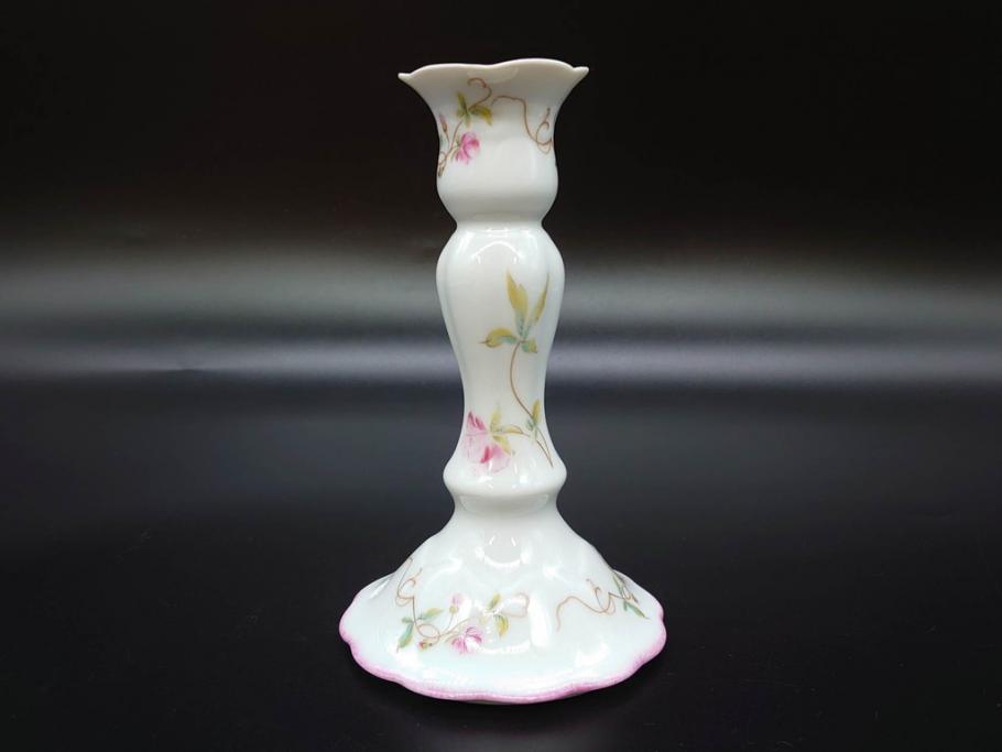 ビンテージ　フランス　LIMOGES(リモージュ)　GIRAUD(ジロー)　花柄がエレガントなプレート4枚&キャンドルスタンドセット(ヴィンテージ、フラワー、燭台、ろうそく立て、火立て、キャンドルスティック、蝋燭立て、皿、中皿、磁器、洋食器)(R-078839)