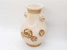 時代物　在銘 大迫　薩摩焼　白薩摩　双耳　金彩で緻密に描かれたデザインが華麗な花瓶(壺、花器、花入、花生、象耳、壷、つぼ、ゾウ、龍、鳳凰、裏印)(R-078894)