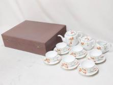 オールドノリタケ　NORITAKE　ヤジロベー印　くつろぎの一時を楽しめるティーセット(ティーポット、クリーマー、シュガーポット、C&S6客、ティーカップ&ソーサー、柿、日本陶器會社、果物、洋食器、箱付き)(R-078895)