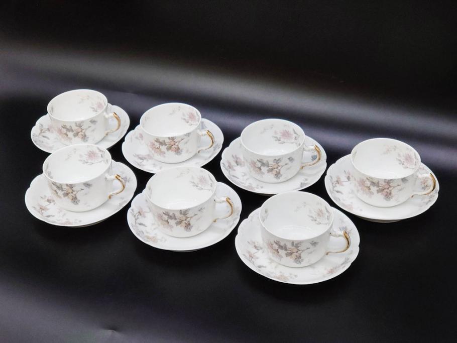 ビンテージ　フランス　LIMOGES(リモージュ)　HAVILAND(アビランド)　淡い花柄が上品なカップ&ソーサー7客セット(ヴィンテージ、金彩、フラワー、C&S、磁器、洋食器)(R-078840)