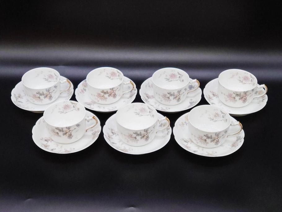 ビンテージ　フランス　LIMOGES(リモージュ)　HAVILAND(アビランド)　淡い花柄が上品なカップ&ソーサー7客セット(ヴィンテージ、金彩、フラワー、C&S、磁器、洋食器)(R-078840)