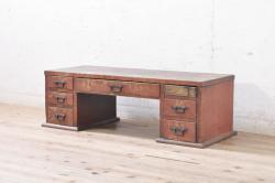 中古　松本民芸家具　シックな色合いが上品なM型両袖机(両袖デスク、ワークデスク、在宅ワーク、在宅用)(定価約72万円)(R-053912)