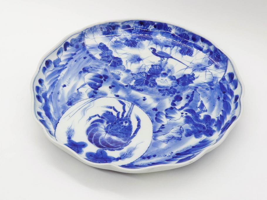 明治期　伊万里　染付　輪花型　約38cm　1尺2寸　丹念に絵付けされた花鳥や海老の図が見事な大皿(尺皿、陶器、エビ、海老、えび、風景、花鳥図、山水図、和食器、和皿、一尺二寸)(R-078890)