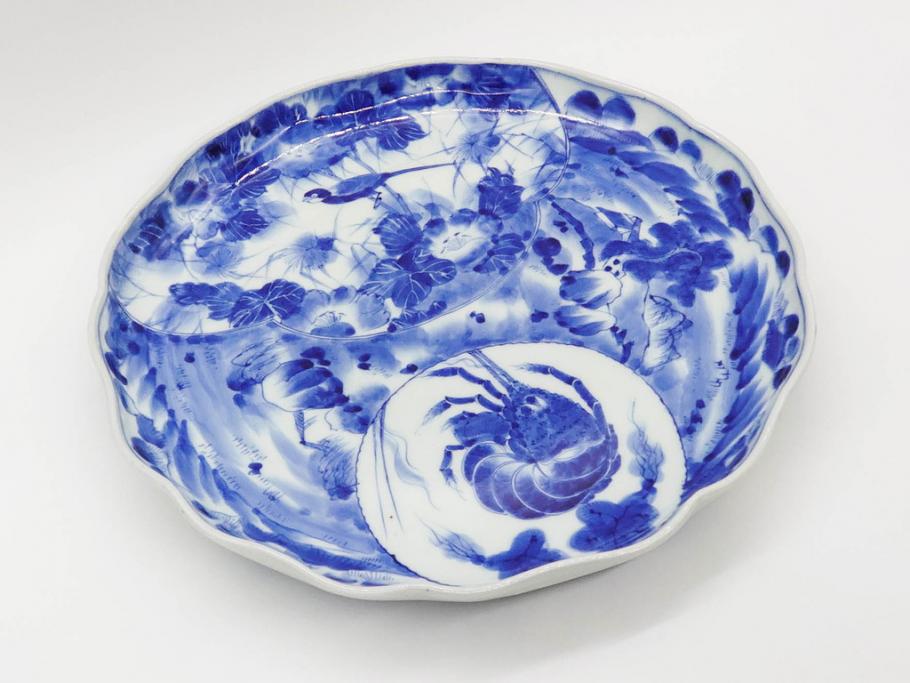 明治期　伊万里　染付　輪花型　約38cm　1尺2寸　丹念に絵付けされた花鳥や海老の図が見事な大皿(尺皿、陶器、エビ、海老、えび、風景、花鳥図、山水図、和食器、和皿、一尺二寸)(R-078890)