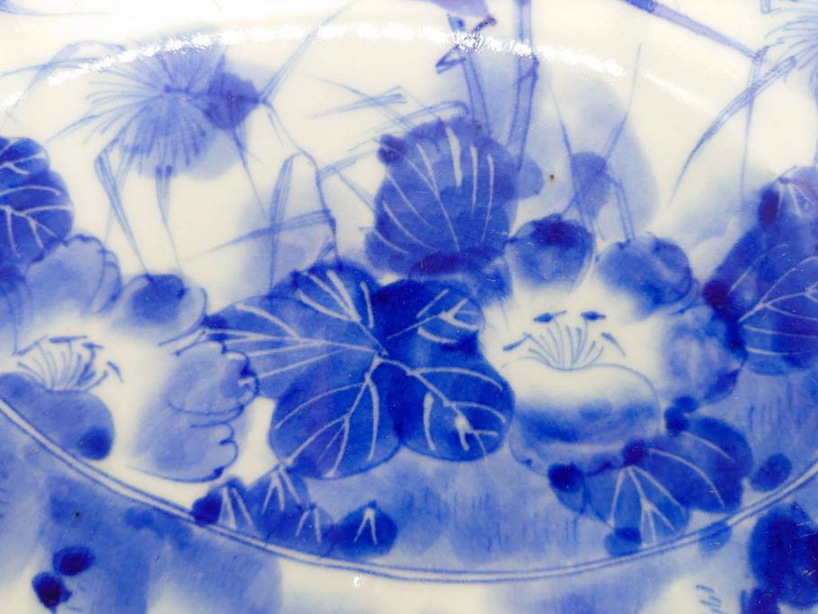 明治期　伊万里　染付　輪花型　約38cm　1尺2寸　丹念に絵付けされた花鳥や海老の図が見事な大皿(尺皿、陶器、エビ、海老、えび、風景、花鳥図、山水図、和食器、和皿、一尺二寸)(R-078890)
