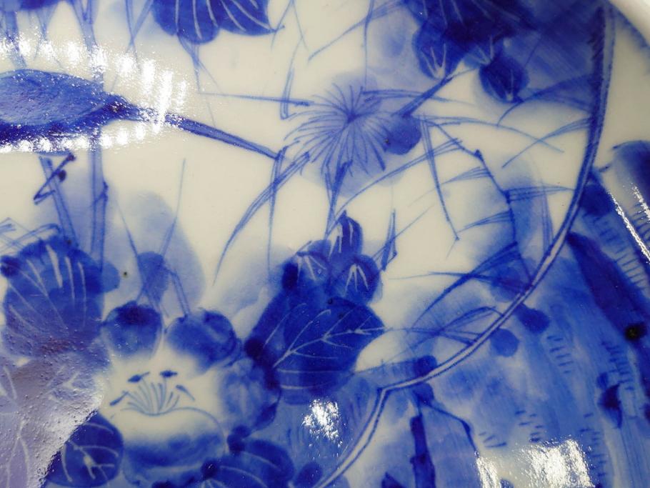 明治期　伊万里　染付　輪花型　約38cm　1尺2寸　丹念に絵付けされた花鳥や海老の図が見事な大皿(尺皿、陶器、エビ、海老、えび、風景、花鳥図、山水図、和食器、和皿、一尺二寸)(R-078890)