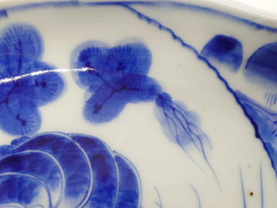 明治期　伊万里　染付　輪花型　約38cm　1尺2寸　丹念に絵付けされた花鳥や海老の図が見事な大皿(尺皿、陶器、エビ、海老、えび、風景、花鳥図、山水図、和食器、和皿、一尺二寸)(R-078890)
