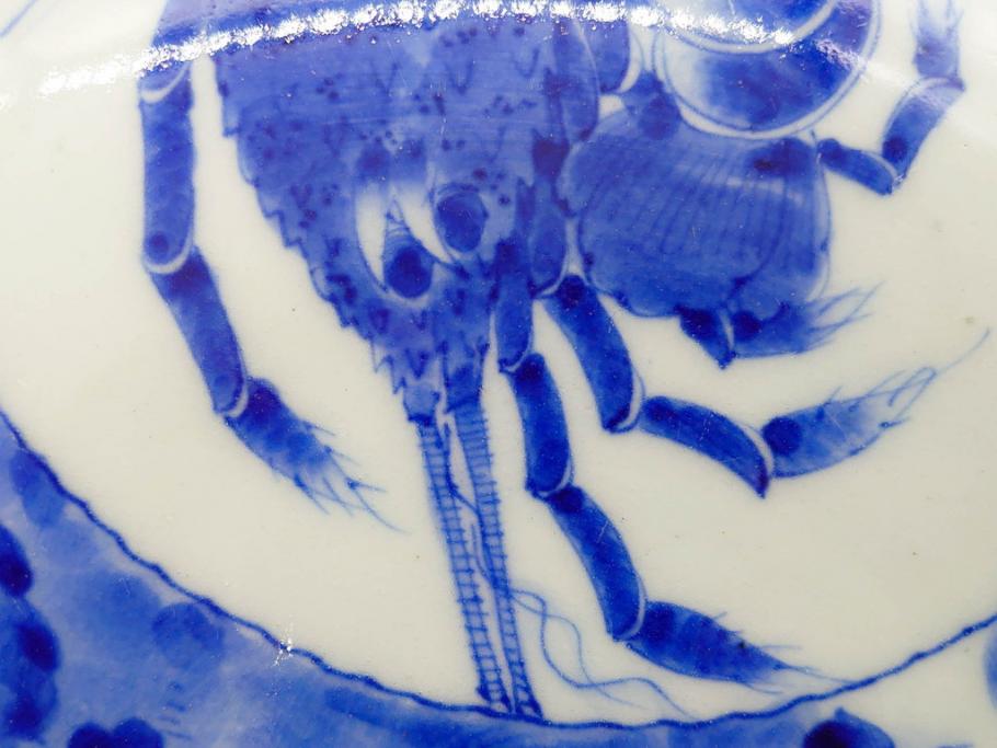 明治期　伊万里　染付　輪花型　約38cm　1尺2寸　丹念に絵付けされた花鳥や海老の図が見事な大皿(尺皿、陶器、エビ、海老、えび、風景、花鳥図、山水図、和食器、和皿、一尺二寸)(R-078890)