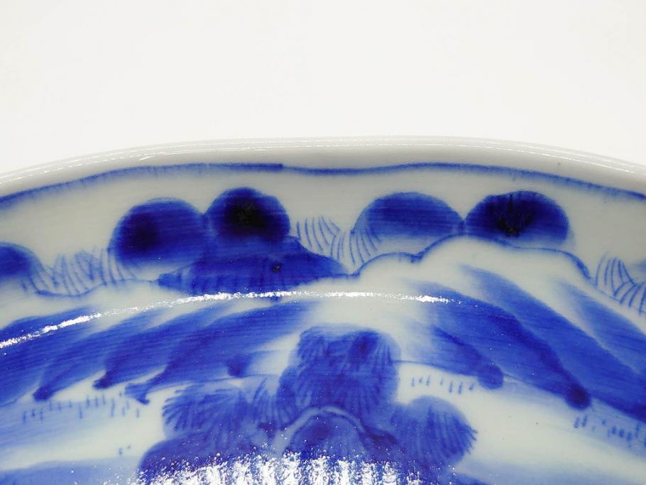 明治期　伊万里　染付　輪花型　約38cm　1尺2寸　丹念に絵付けされた花鳥や海老の図が見事な大皿(尺皿、陶器、エビ、海老、えび、風景、花鳥図、山水図、和食器、和皿、一尺二寸)(R-078890)