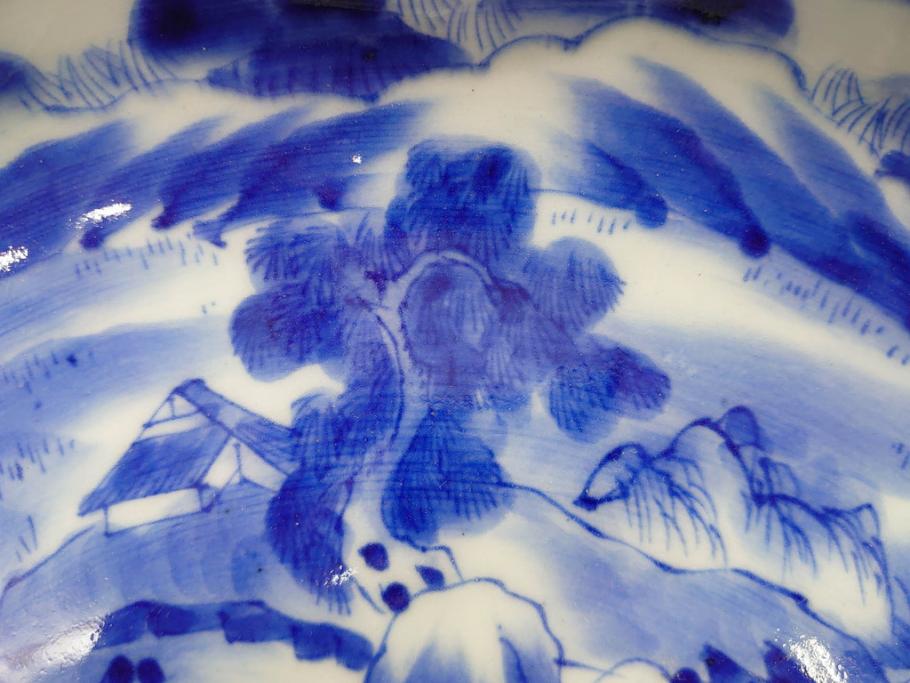 明治期　伊万里　染付　輪花型　約38cm　1尺2寸　丹念に絵付けされた花鳥や海老の図が見事な大皿(尺皿、陶器、エビ、海老、えび、風景、花鳥図、山水図、和食器、和皿、一尺二寸)(R-078890)