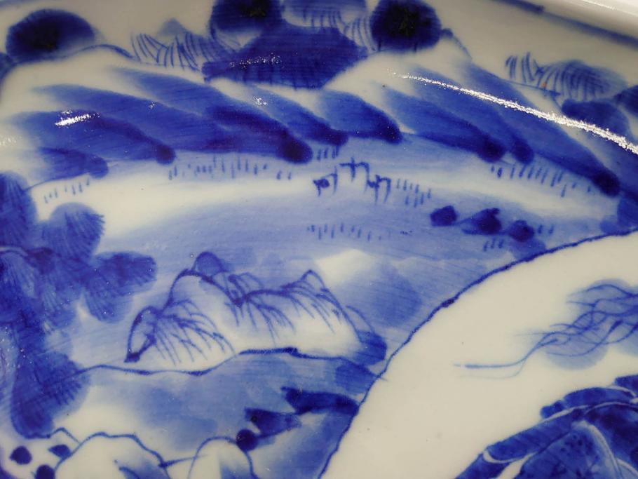 明治期　伊万里　染付　輪花型　約38cm　1尺2寸　丹念に絵付けされた花鳥や海老の図が見事な大皿(尺皿、陶器、エビ、海老、えび、風景、花鳥図、山水図、和食器、和皿、一尺二寸)(R-078890)