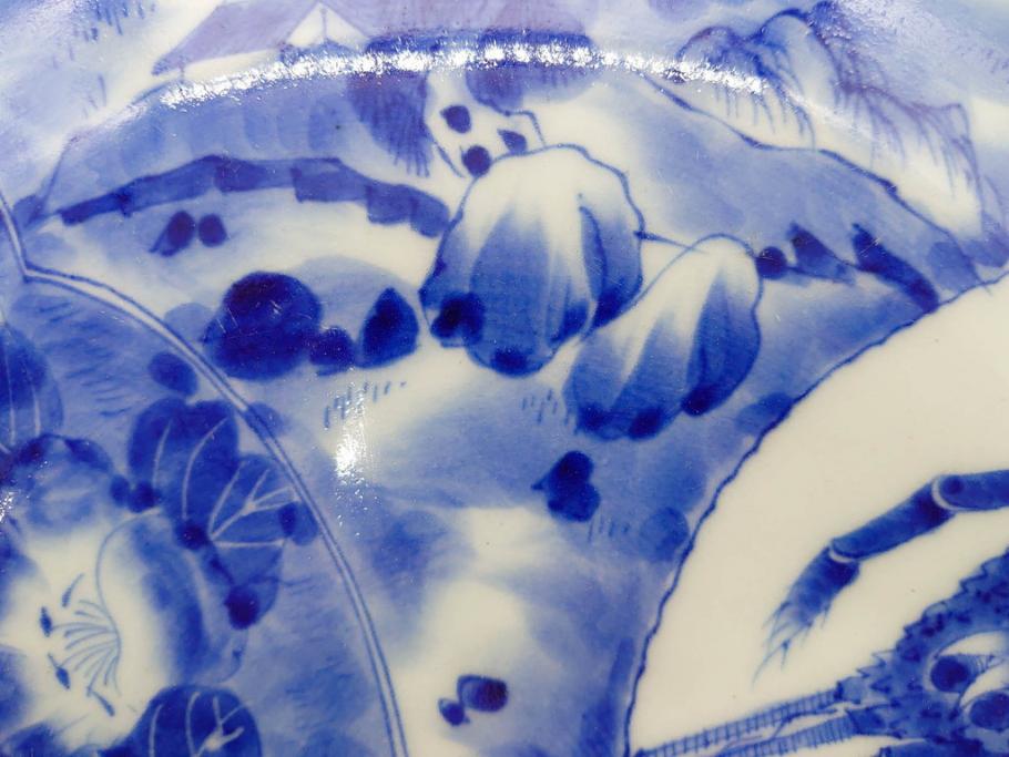 明治期　伊万里　染付　輪花型　約38cm　1尺2寸　丹念に絵付けされた花鳥や海老の図が見事な大皿(尺皿、陶器、エビ、海老、えび、風景、花鳥図、山水図、和食器、和皿、一尺二寸)(R-078890)