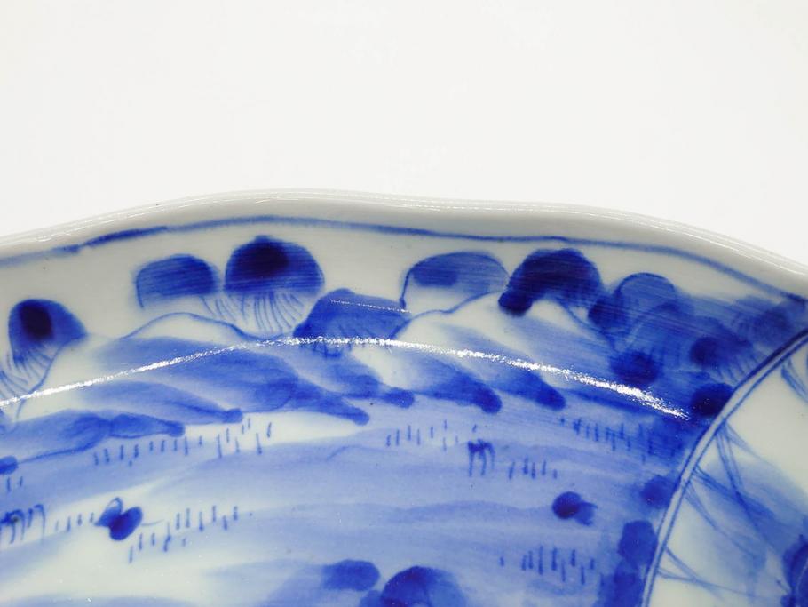 明治期　伊万里　染付　輪花型　約38cm　1尺2寸　丹念に絵付けされた花鳥や海老の図が見事な大皿(尺皿、陶器、エビ、海老、えび、風景、花鳥図、山水図、和食器、和皿、一尺二寸)(R-078890)