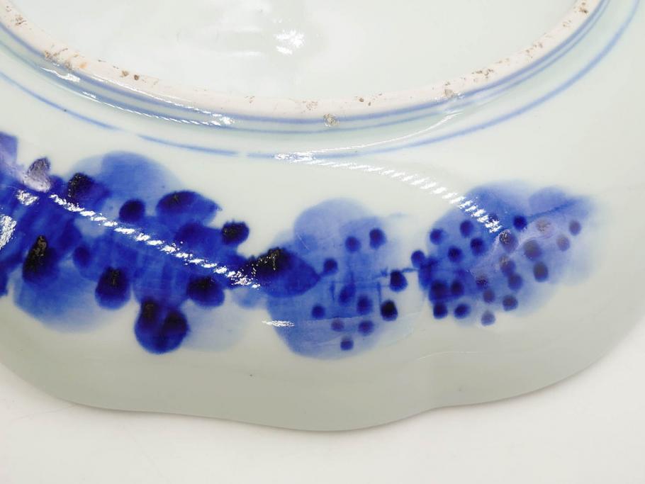 明治期　伊万里　染付　輪花型　約38cm　1尺2寸　丹念に絵付けされた花鳥や海老の図が見事な大皿(尺皿、陶器、エビ、海老、えび、風景、花鳥図、山水図、和食器、和皿、一尺二寸)(R-078890)
