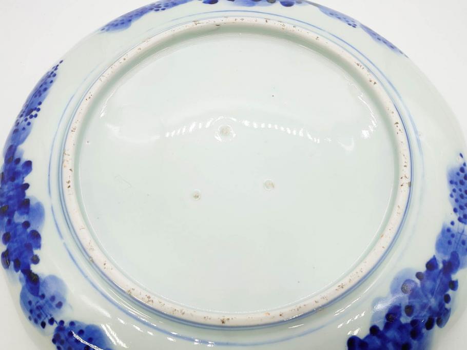 明治期　伊万里　染付　輪花型　約38cm　1尺2寸　丹念に絵付けされた花鳥や海老の図が見事な大皿(尺皿、陶器、エビ、海老、えび、風景、花鳥図、山水図、和食器、和皿、一尺二寸)(R-078890)