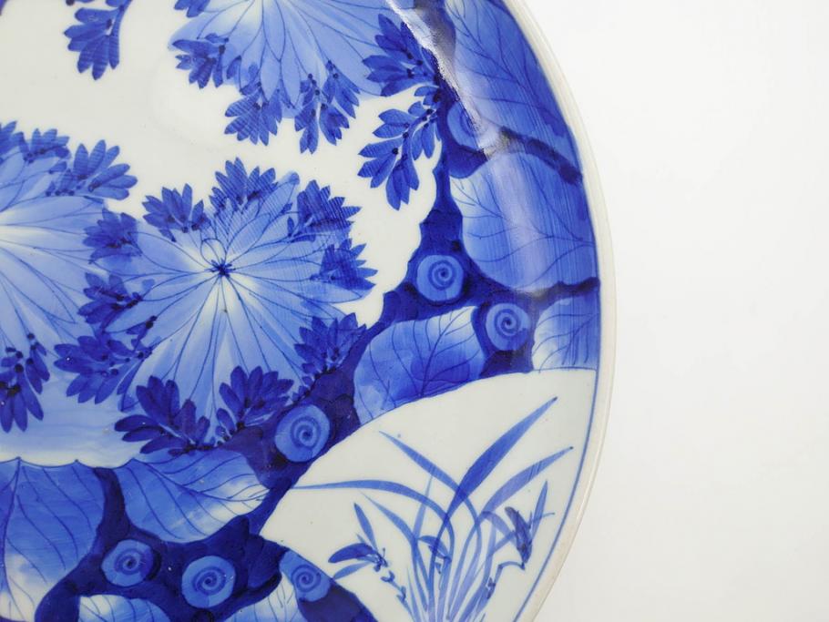 明治期　伊万里　染付　窓絵　約40cm　1尺3寸　草花文が美しい大皿(菊?、陶器、尺皿、風景、和食器、和皿、一尺三寸)(R-078891)　