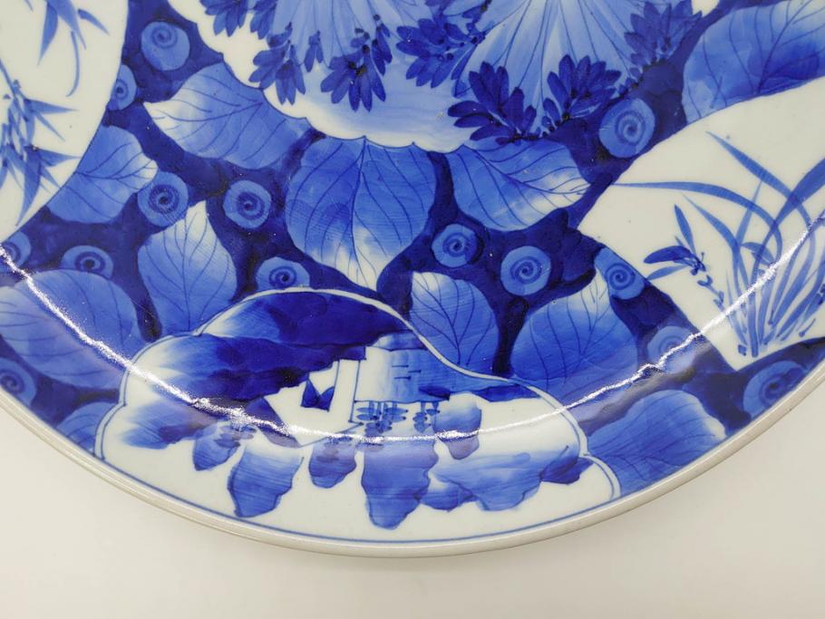 明治期　伊万里　染付　窓絵　約40cm　1尺3寸　草花文が美しい大皿(菊?、陶器、尺皿、風景、和食器、和皿、一尺三寸)(R-078891)　