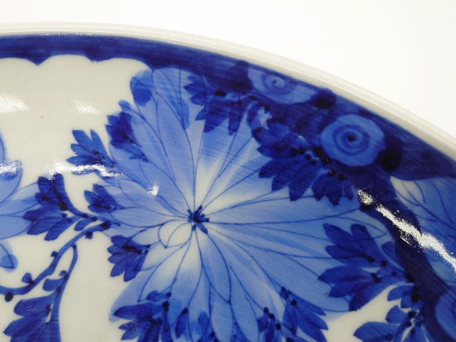 明治期　伊万里　染付　窓絵　約40cm　1尺3寸　草花文が美しい大皿(菊?、陶器、尺皿、風景、和食器、和皿、一尺三寸)(R-078891)　