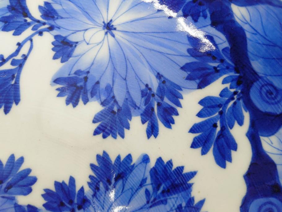 明治期　伊万里　染付　窓絵　約40cm　1尺3寸　草花文が美しい大皿(菊?、陶器、尺皿、風景、和食器、和皿、一尺三寸)(R-078891)　