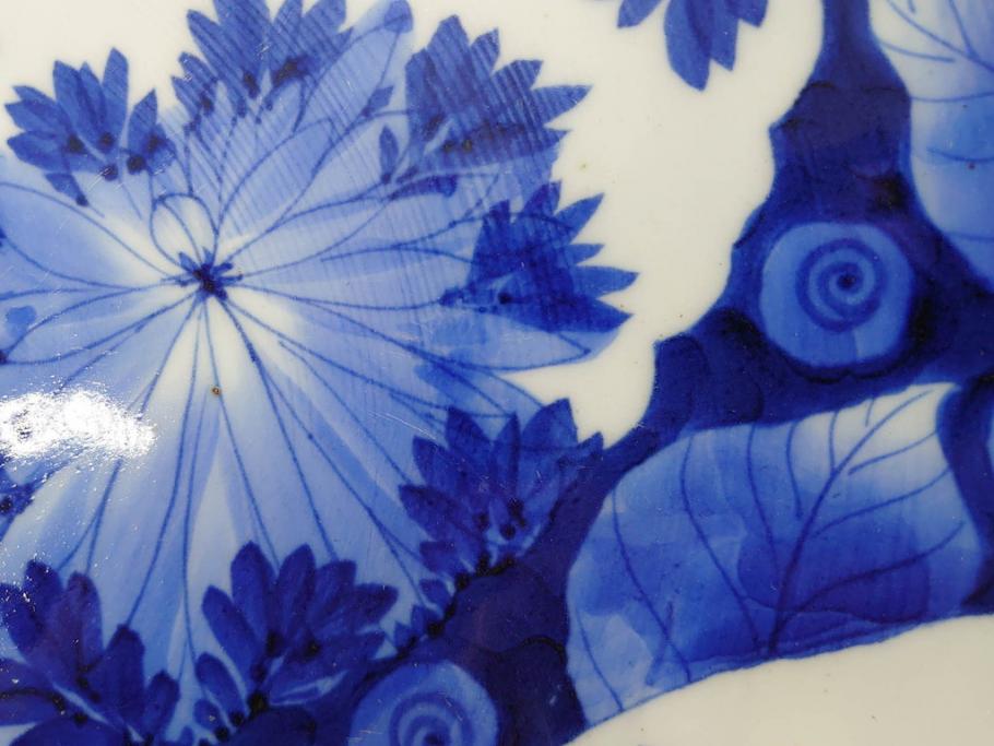明治期　伊万里　染付　窓絵　約40cm　1尺3寸　草花文が美しい大皿(菊?、陶器、尺皿、風景、和食器、和皿、一尺三寸)(R-078891)　