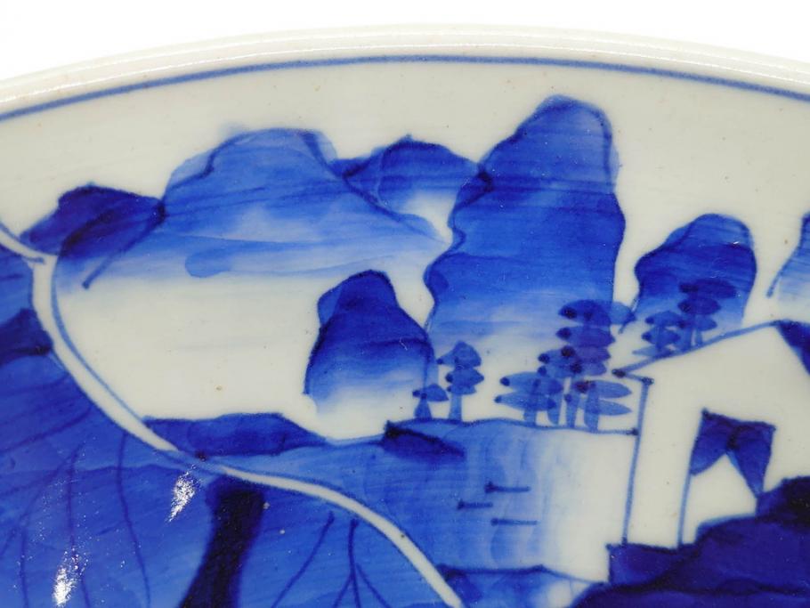 明治期　伊万里　染付　窓絵　約40cm　1尺3寸　草花文が美しい大皿(菊?、陶器、尺皿、風景、和食器、和皿、一尺三寸)(R-078891)　