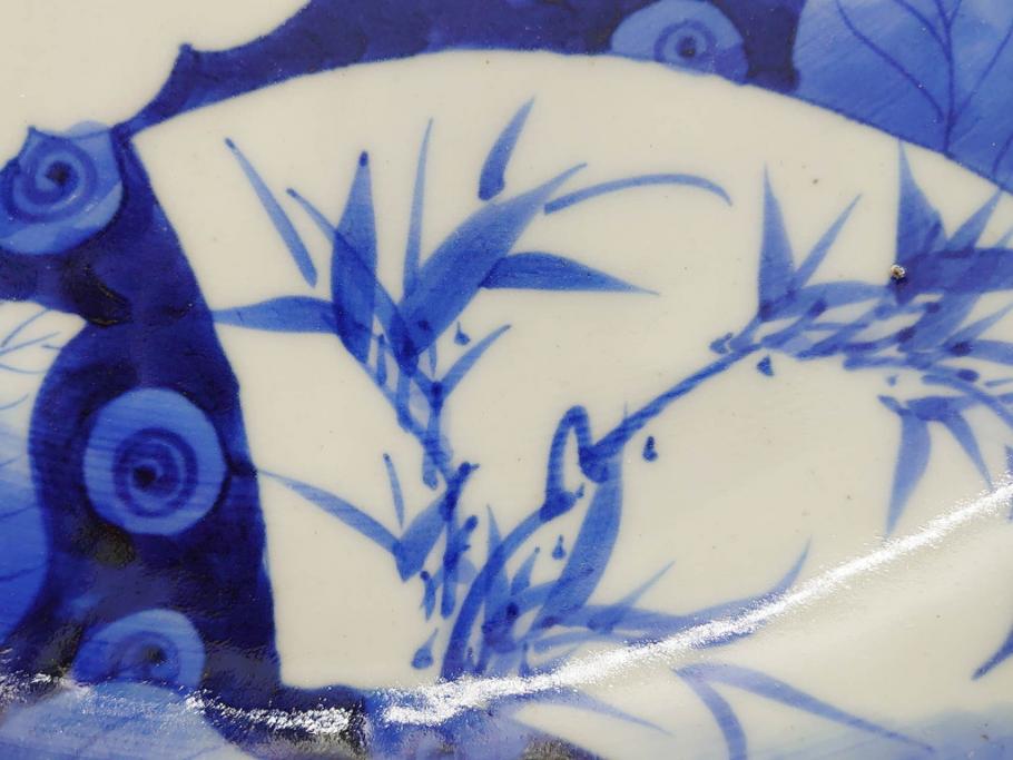 明治期　伊万里　染付　窓絵　約40cm　1尺3寸　草花文が美しい大皿(菊?、陶器、尺皿、風景、和食器、和皿、一尺三寸)(R-078891)　