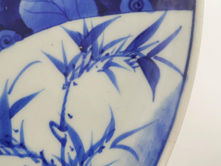 明治期　伊万里　染付　窓絵　約40cm　1尺3寸　草花文が美しい大皿(菊?、陶器、尺皿、風景、和食器、和皿、一尺三寸)(R-078891)　